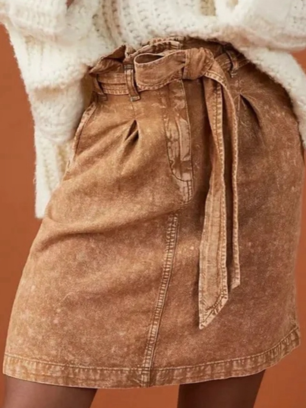 Anthropologie Pilcro Rhoda Linen Blend Paperbag Mini Skirt Tan Distressed Size 4